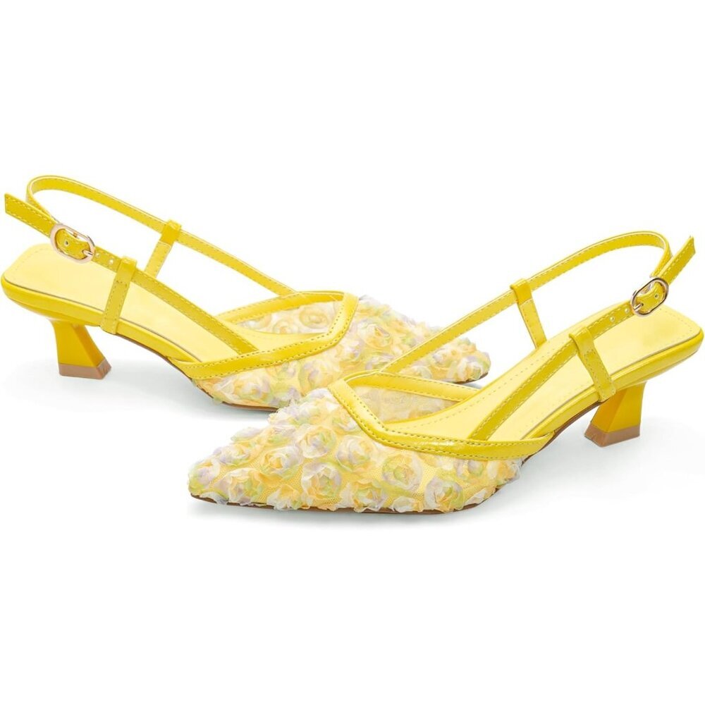 ⚡Women's Mesh Yellow Pointed Toe Slingback Flowers Floral Kitten Heel Pump Shoes